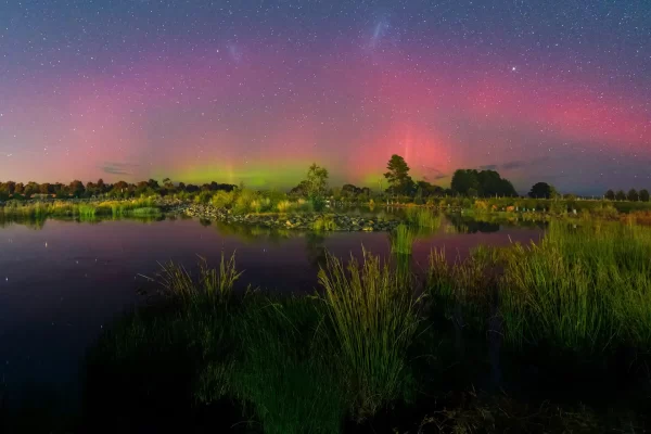 Aurora Australis over a lake in Ballarat with Green, Pink and Purple aurora