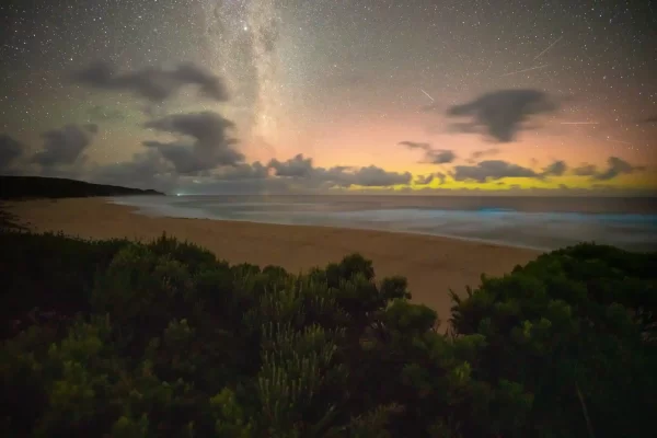 Aurora over the Great Ocean Road with the Milky Way core and bioluminescence on the Ocean shore