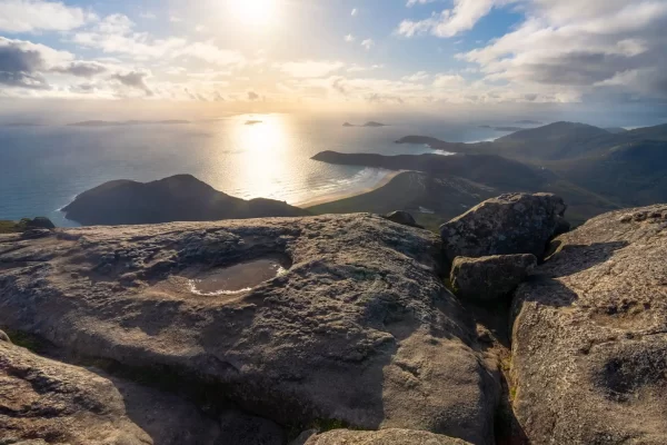 Elevated view from Mt Oberon overlooking Wilsons Prom at sunset and the coast