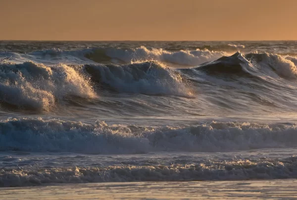 Waves breaking on the beach in golden light