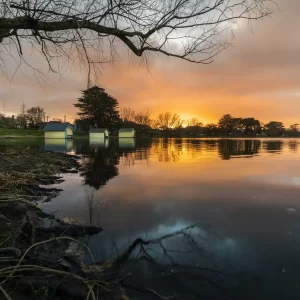 Boatsheds at Lake Wendouree during an orange sunrise surrounded by a large tree