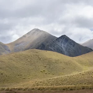 Lindis Pass mountains covered in yellow tussock with an overcast sky