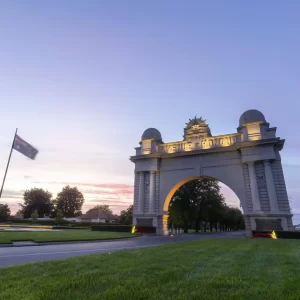 Ballarat Avenue of Honour at sunset with blue and purple skies