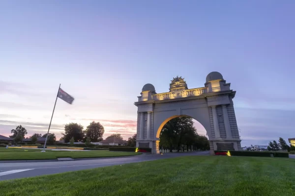 Ballarat Avenue of Honour at sunset with blue and purple skies