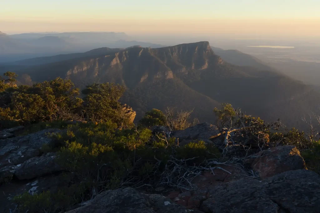 Mount William in the Grampians looking towards Redmans Bluff with Gum trees in the foreground