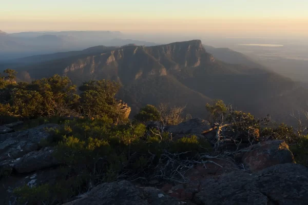 Mount William in the Grampians looking towards Redmans Bluff with Gum trees in the foreground